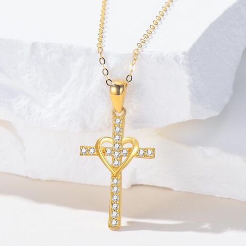FLORASOFIA 14K Solid Gold Cross Necklace for Women, Real Gold Crucifix Cross Heart Pendant with Created Diamonds Annivesary Birthday Gift, 18" in Saudi Arabia