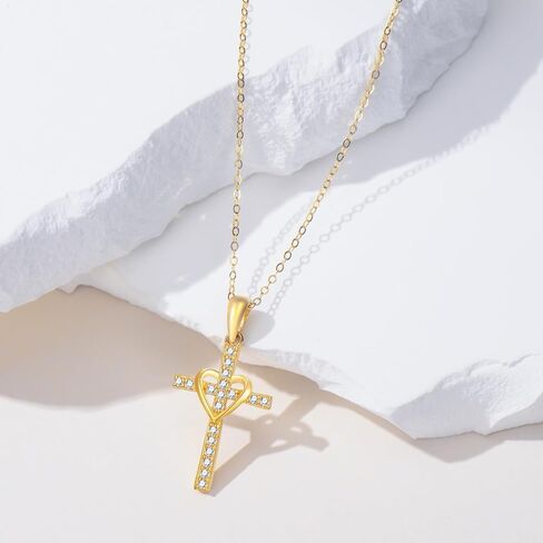 FLORASOFIA 14K Solid Gold Cross Necklace for Women, Real Gold Crucifix Cross Heart Pendant with Created Diamonds Annivesary Birthday Gift, 18" in Saudi Arabia