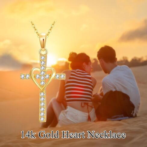 FLORASOFIA 14K Solid Gold Cross Necklace for Women, Real Gold Crucifix Cross Heart Pendant with Created Diamonds Annivesary Birthday Gift, 18" in Saudi Arabia