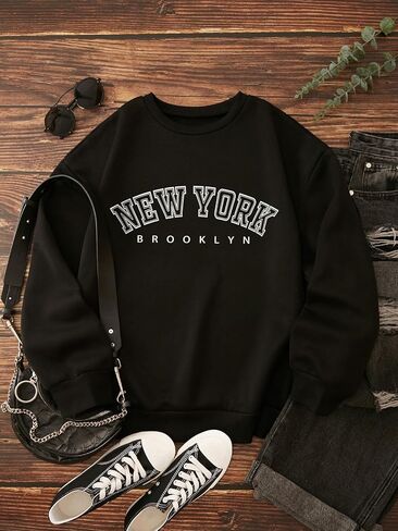 Sweatshirts Graphic for Women NEW YORK Print Crew Neck Long Sleeve Tops Fall Winter Hoodies Trendy Clothes in Saudi Arabia