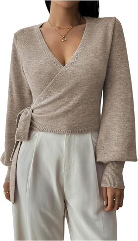 سترة نسائية خريفية ملفوفة بأكمام طويلة، بلوفر كاجوال برقبة على شكل حرف V، مقاس نحيف، سترة علوية متماسكة وملتفة in Kuwait