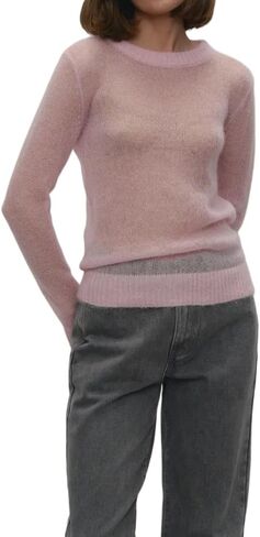 Thin Sweaters for Women Lightweight Knitted Mohair Sweater Boat Neck Long Sleeve Sheer Casual Tops Blouse in Saudi Arabia