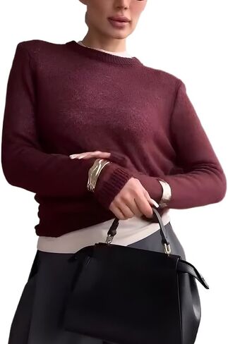 سترات رفيعة للنساء سترة موهير محبوكة خفيفة الوزن ورقبة قارب وأكمام طويلة شفافة وبلوزة علوية غير رسمية in Kuwait