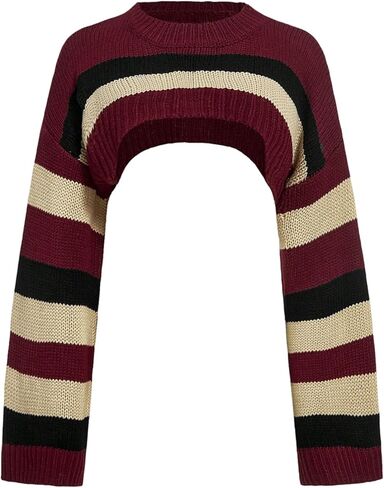 MakeMeChic Women's Striped Crop Sweater Crew Neck Long Sleeve Y2k Pullover Tops Knitwear in Saudi Arabia
