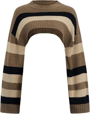 MakeMeChic Women's Striped Crop Sweater Crew Neck Long Sleeve Y2k Pullover Tops Knitwear in Saudi Arabia
