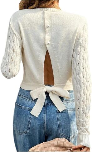 GORGLITTER Women's Bow Cropped Sweater Open Back Cable Knit Crewneck Long Sleeve Fall Old Money Pullover Crop Top in Saudi Arabia