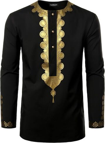 قميص LucMatton الرجالي ذو الطباعة المعدنية بطباعة أفريقية Dashiki ذو مقاس نحيف وأكمام طويلة وخفيف الوزن in Kuwait