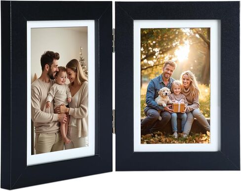 إطار صورة مزدوج 5x7 مع زجاج مقسّى باللون الأسود، شاشة عرض عمودية 4x6 مع حصيرة أو 5x7 بدون حصيرة، إطار صورة ثنائي الطي من الخشب الهندسي لسطح الطاولة، هدية رائعة للذكريات والديكور (PS008-BKX7) in Kuwait