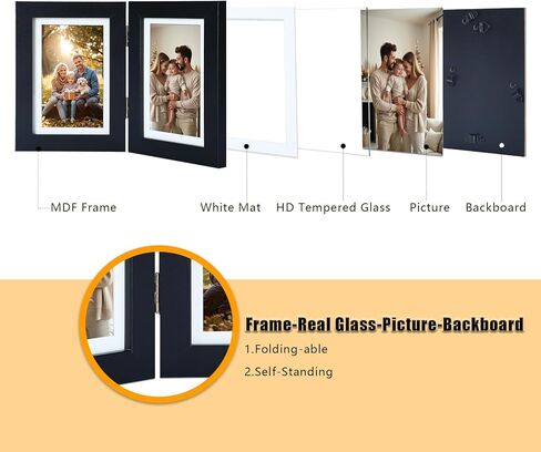 5x7 Double Picture Frame with Tempered Glass in Black,Vertical Display 4x6 with Mat or 5x7 without Mat, Engineered Wood Bifold Photo Frame for Tabletop,Nice Gift for Memories & Décor (PS008-BKX7) in Saudi Arabia