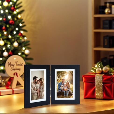 5x7 Double Picture Frame with Tempered Glass in Black,Vertical Display 4x6 with Mat or 5x7 without Mat, Engineered Wood Bifold Photo Frame for Tabletop,Nice Gift for Memories & Décor (PS008-BKX7) in Saudi Arabia