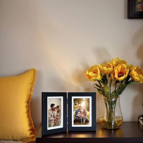 5x7 Double Picture Frame with Tempered Glass in Black,Vertical Display 4x6 with Mat or 5x7 without Mat, Engineered Wood Bifold Photo Frame for Tabletop,Nice Gift for Memories & Décor (PS008-BKX7) in Saudi Arabia