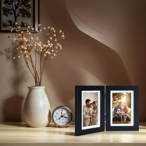 5x7 Double Picture Frame with Tempered Glass in Black,Vertical Display 4x6 with Mat or 5x7 without Mat, Engineered Wood Bifold Photo Frame for Tabletop,Nice Gift for Memories & Décor (PS008-BKX7) in Saudi Arabia