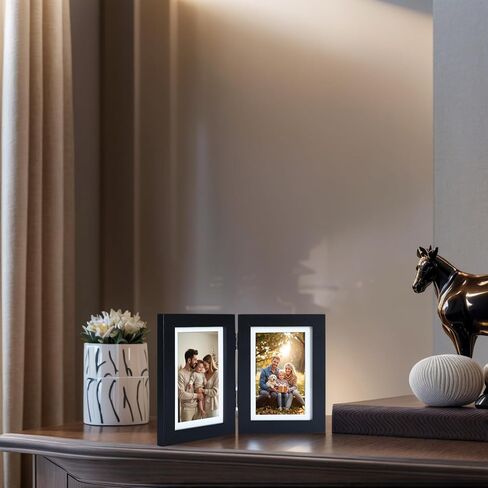 5x7 Double Picture Frame with Tempered Glass in Black,Vertical Display 4x6 with Mat or 5x7 without Mat, Engineered Wood Bifold Photo Frame for Tabletop,Nice Gift for Memories & Décor (PS008-BKX7) in Saudi Arabia