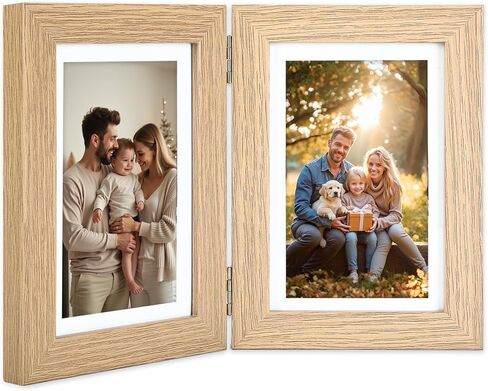5x7 Double Picture Frame with Tempered Glass in Black,Vertical Display 4x6 with Mat or 5x7 without Mat, Engineered Wood Bifold Photo Frame for Tabletop,Nice Gift for Memories & Décor (PS008-BKX7) in Saudi Arabia