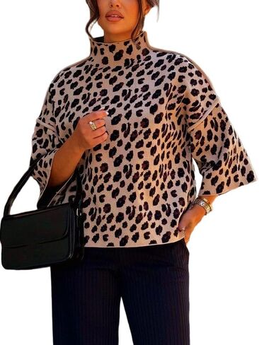 Kinghua Leopard Sweaters for Women Fall Winter Trendy Turtleneck Loose Fit Color Block Pullover Knit Tops in Saudi Arabia