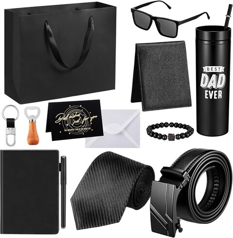 Tioncy 12 Pcs Men Birthdays Father's Day Gift Set with Box Basket Tumbler Wood Bottle Opener PU Leather Wallet Tie Belt Keychain Sunglasses Pen Journal Gift Box and Bag Set for Husband (Super Dad) in Saudi Arabia