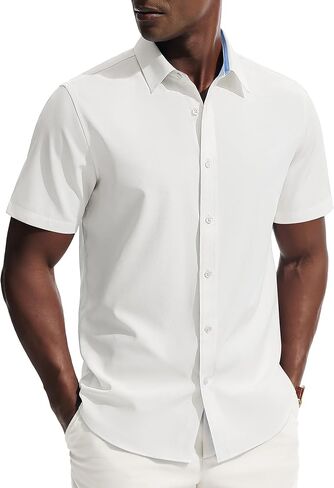 PJ PAUL JONES Mens Short Sleeve Dress Shirts Stretch Wrinke Free Untucked Business Casual Button Down Shirt Regular Fit in Saudi Arabia