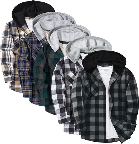 ZITY 5 Pack Men's Flannel Hoodie Shirts Button Down Long Sleeve Casual Stylish Plaid Hooded Shirt with Pocket in Saudi Arabia