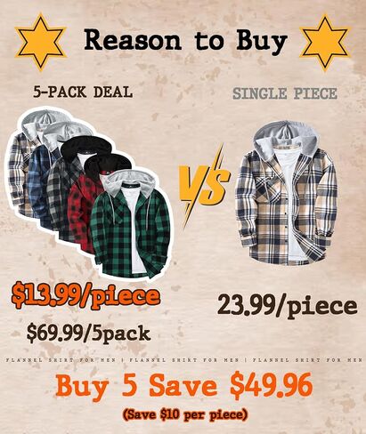 ZITY 5 Pack Men's Flannel Hoodie Shirts Button Down Long Sleeve Casual Stylish Plaid Hooded Shirt with Pocket in Saudi Arabia