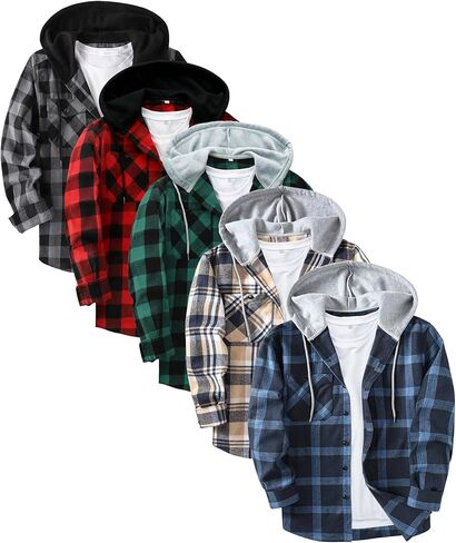 ZITY 5 Pack Men's Flannel Hoodie Shirts Button Down Long Sleeve Casual Stylish Plaid Hooded Shirt with Pocket in Saudi Arabia