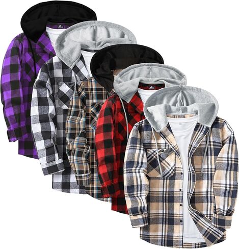ZITY 5 Pack Men's Flannel Hoodie Shirts Button Down Long Sleeve Casual Stylish Plaid Hooded Shirt with Pocket in Saudi Arabia