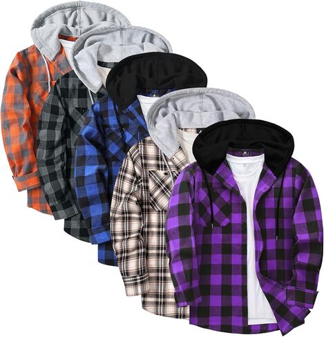 ZITY 5 Pack Men's Flannel Hoodie Shirts Button Down Long Sleeve Casual Stylish Plaid Hooded Shirt with Pocket in Saudi Arabia