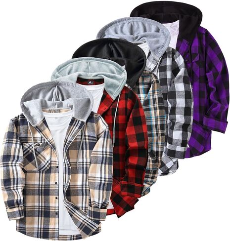 ZITY 5 Pack Men's Flannel Hoodie Shirts Button Down Long Sleeve Casual Stylish Plaid Hooded Shirt with Pocket in Saudi Arabia