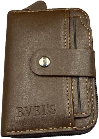 Men's Bifold Wallet RFID Blocking Slim Minimalist Leather Wallet with Zipper Credit Card Holder Case with ID Window(QB14 Deep brown) in Saudi Arabia