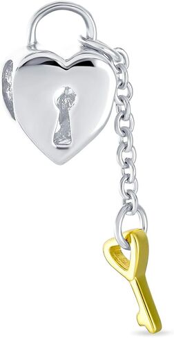 Vintage Two Tone Heart Shape Valentine Lovers Couple Filigree Lock & Key Charm Bead For Women Girlfriend 14K Gold Plated .925 Sterling Silver Fits European Bracelet in Saudi Arabia