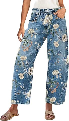 loveimgs Women Boyfriend Floral Print Baggy Barrel Jeans Cargo Denim Pants Y2k Patchwork Mid Rise Printed Wide Leg Sweatpants in Saudi Arabia