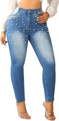 Women's Skinny Jeans Classic Mid Waist Stretchy Denim Pants with Pearls Rhinestones in Saudi Arabia