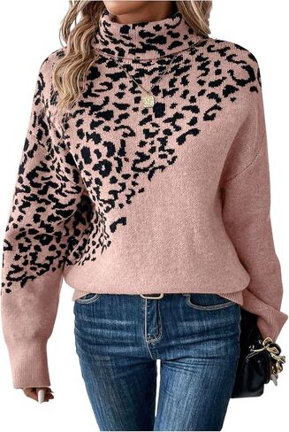 WDIRARA Women's Leopard Turtleneck Sweater Long Sleeve Pullover Knit Tops in Saudi Arabia