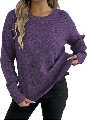 2025 Fall Winter Women Sweaters Lightweight Casual Long Sleeve Knit Sweater Crewneck Pullover Tops with Curved Hem in Saudi Arabia