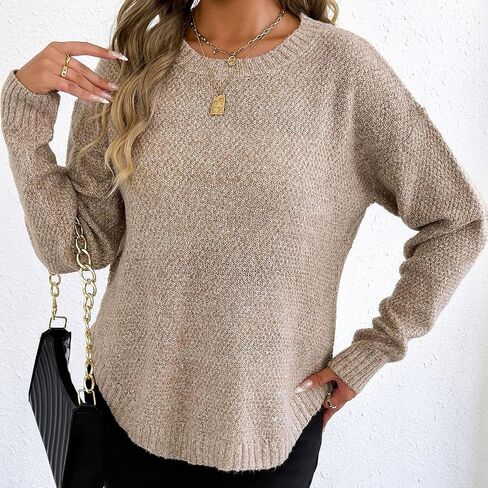 2025 Fall Winter Women Sweaters Lightweight Casual Long Sleeve Knit Sweater Crewneck Pullover Tops with Curved Hem in Saudi Arabia
