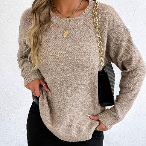 2025 Fall Winter Women Sweaters Lightweight Casual Long Sleeve Knit Sweater Crewneck Pullover Tops with Curved Hem in Saudi Arabia