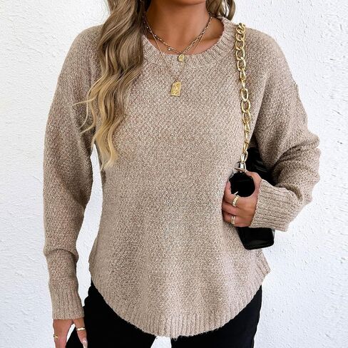 2025 Fall Winter Women Sweaters Lightweight Casual Long Sleeve Knit Sweater Crewneck Pullover Tops with Curved Hem in Saudi Arabia