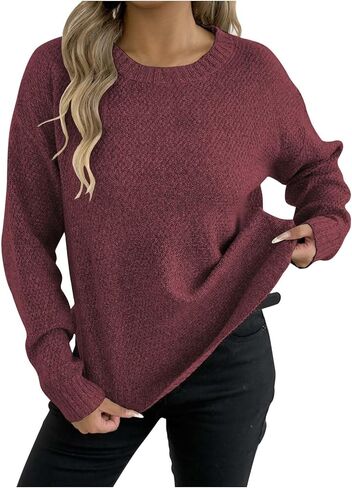 2025 Fall Winter Women Sweaters Lightweight Casual Long Sleeve Knit Sweater Crewneck Pullover Tops with Curved Hem in Saudi Arabia