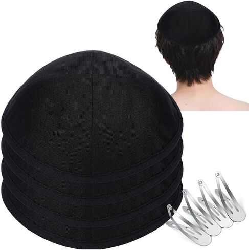 Chicingyou 4 Pcs Black Linen Kippot 6.25 Inches/ 15.8 cm Black Kippah with Kippah Clips Men Kippot Bulk Yamaka Hat for Rosh Hashanah Gathering Daily Wear and Gift in Saudi Arabia