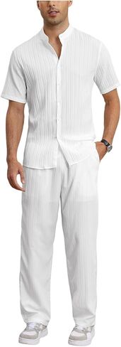 Men's 2 Piece Outfits Textured Short Sleeve Button Up Shirts and Drawstring Waist Beach Pants in Saudi Arabia