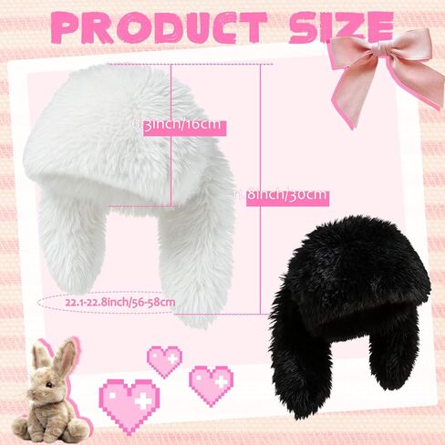 Shyyween 2 Pack Y2k Furry Beanie Winter Bunny Ears Hat for Women Fluffy Warm Beanie Cap for Indoor Outdoor Festival Easter Birthday Party Gift, White, Black in Saudi Arabia