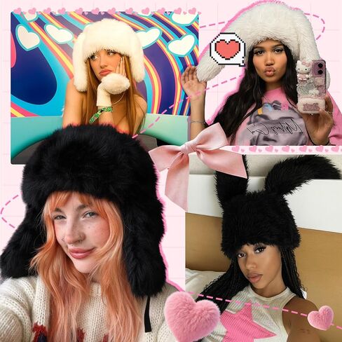 Shyyween 2 Pack Y2k Furry Beanie Winter Bunny Ears Hat for Women Fluffy Warm Beanie Cap for Indoor Outdoor Festival Easter Birthday Party Gift, White, Black in Saudi Arabia