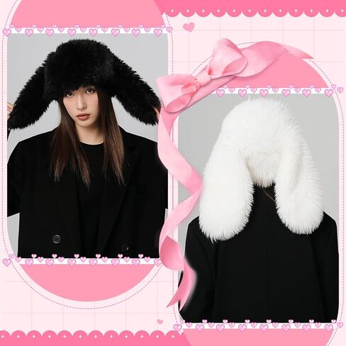 Shyyween 2 Pack Y2k Furry Beanie Winter Bunny Ears Hat for Women Fluffy Warm Beanie Cap for Indoor Outdoor Festival Easter Birthday Party Gift, White, Black in Saudi Arabia