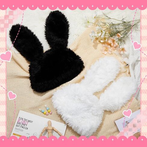 Shyyween 2 Pack Y2k Furry Beanie Winter Bunny Ears Hat for Women Fluffy Warm Beanie Cap for Indoor Outdoor Festival Easter Birthday Party Gift, White, Black in Saudi Arabia