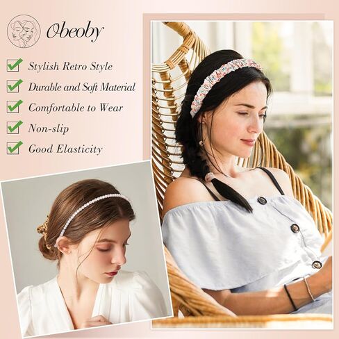 obeoby 8 حزمة عصابات الرأس الوردية العصرية للفتيات الزي عيد الحب، عصابات الرأس للنساء غير زلة الزهور اللؤلؤ hairband الهدايا للفتيات في سن المراهقة in Saudi Arabia