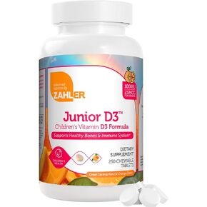 Zahler Junior D3 Vitamins 1000 IU - Chewable Vitamin D3 for Kids - Vitamin D for Kids to Support Bone, Teeth & Immune Health - Kosher Kids Vitamin D3 Orange Flavor - D3 Vitamins for Kids 250 Count. in Kuwait