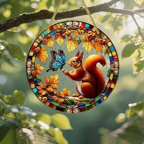 Colorful Acrylic Suncatcher, Squirrel Butterfly Autumn Leaves Stained Glass 7-inch Hanging Window Wall Art Decor with Printed Stained Glass Style Design, Gift Idea & Garden Ornament Indoor Outdoor Use in Kuwait