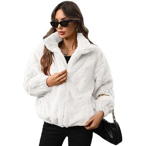 Dugcew Women's Faux Fur Lapel Fashion Short Fluffy Zip Up Jackets Fall Winter Cropped Warm Coat in Saudi Arabia