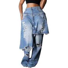 بنطلون جينز نسائي فضفاض ممزق عالي الخصر y2k غير منتظم مرقع مستقيم وواسع الساق من قماش الدنيم المتوتر in Kuwait