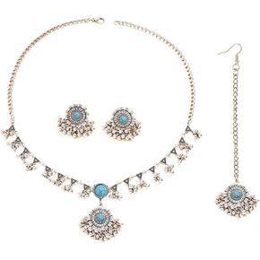 Indian Ethnic Jhumka Jewelry Set for Women Bead Ball Stud Earrings Maang Tikka Oxidized Antique Traditional Jhumki Pendant Bib Choker Necklace Boho Gypsy Wedding Bridal Jewelry Dance Prom Accessories in Kuwait