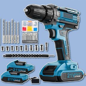 Drill, Cordless Drill with Dual 2.0Ah Battery, Electric Drills 3/8 Inch Chuck 370 In-lbs, 25+1 Torque Power Combi Screwdiver Set with Battery and Charger, 2 Speed LED Light 27 Accessories in Kuwait